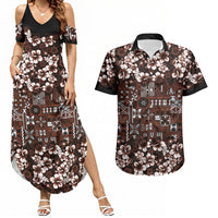 Burgundy Hawaiian Tapa Tribal Hibiscus Couples Matching Summer Maxi Dress and Hawaiian Shirt LT9 Burgundy - Polynesian Pride