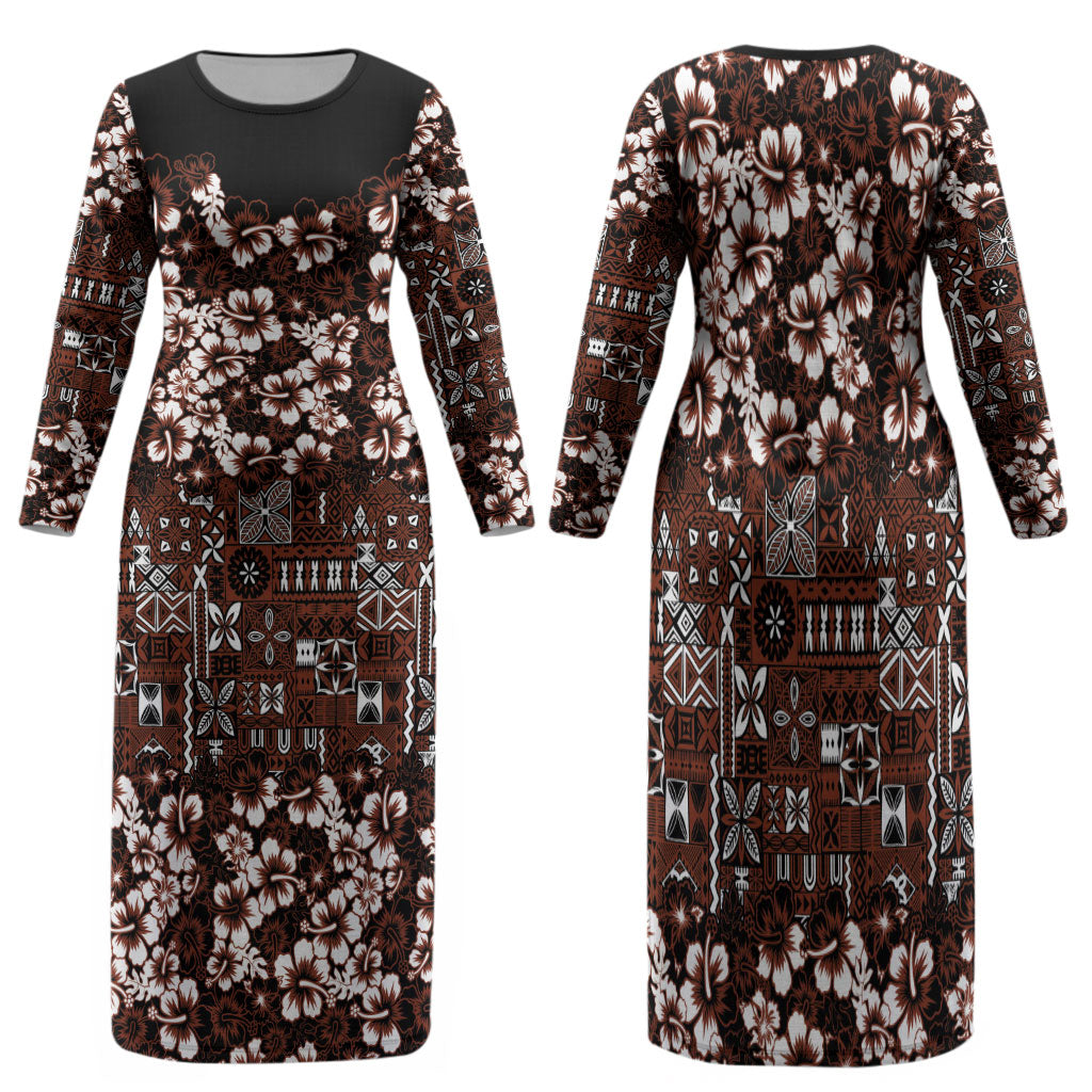 Burgundy Hawaiian Tapa Tribal Hibiscus Family Matching Long Sleeve Bodycon Dress and Hawaiian Shirt LT9 Mom's Dress Burgundy - Polynesian Pride