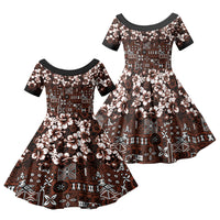 Burgundy Hawaiian Tapa Tribal Hibiscus Family Matching Long Sleeve Bodycon Dress and Hawaiian Shirt LT9 Daughter's Dress Burgundy - Polynesian Pride