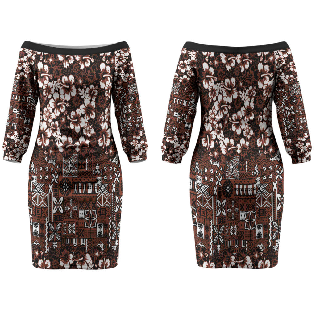 Burgundy Hawaiian Tapa Tribal Hibiscus Family Matching Off The Shoulder Long Sleeve Dress and Hawaiian Shirt LT9 Mom's Dress Burgundy - Polynesian Pride