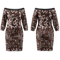 Burgundy Hawaiian Tapa Tribal Hibiscus Family Matching Off The Shoulder Long Sleeve Dress and Hawaiian Shirt LT9 Mom's Dress Burgundy - Polynesian Pride