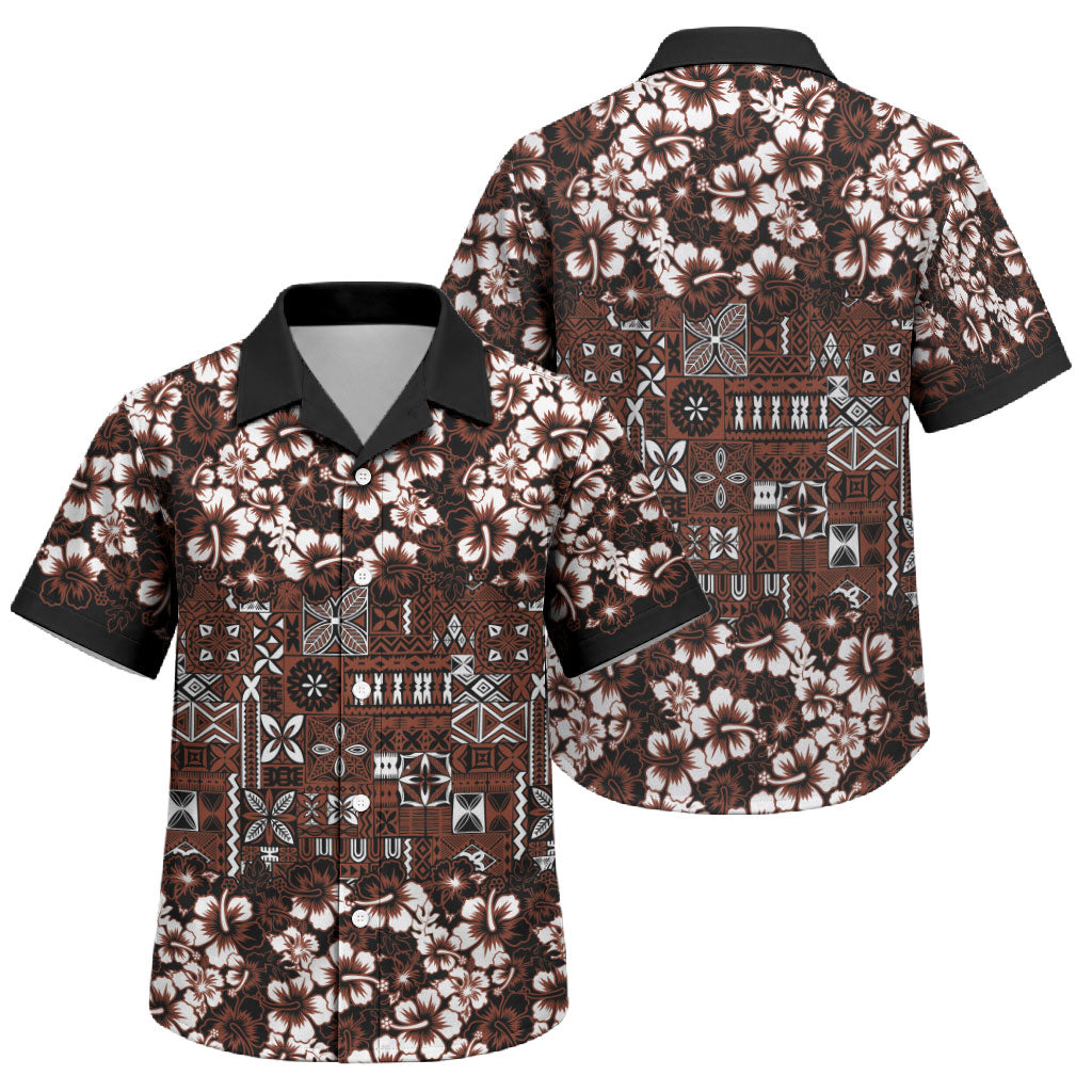 Burgundy Hawaiian Tapa Tribal Hibiscus Family Matching Off The Shoulder Long Sleeve Dress and Hawaiian Shirt LT9 Son's Shirt Burgundy - Polynesian Pride