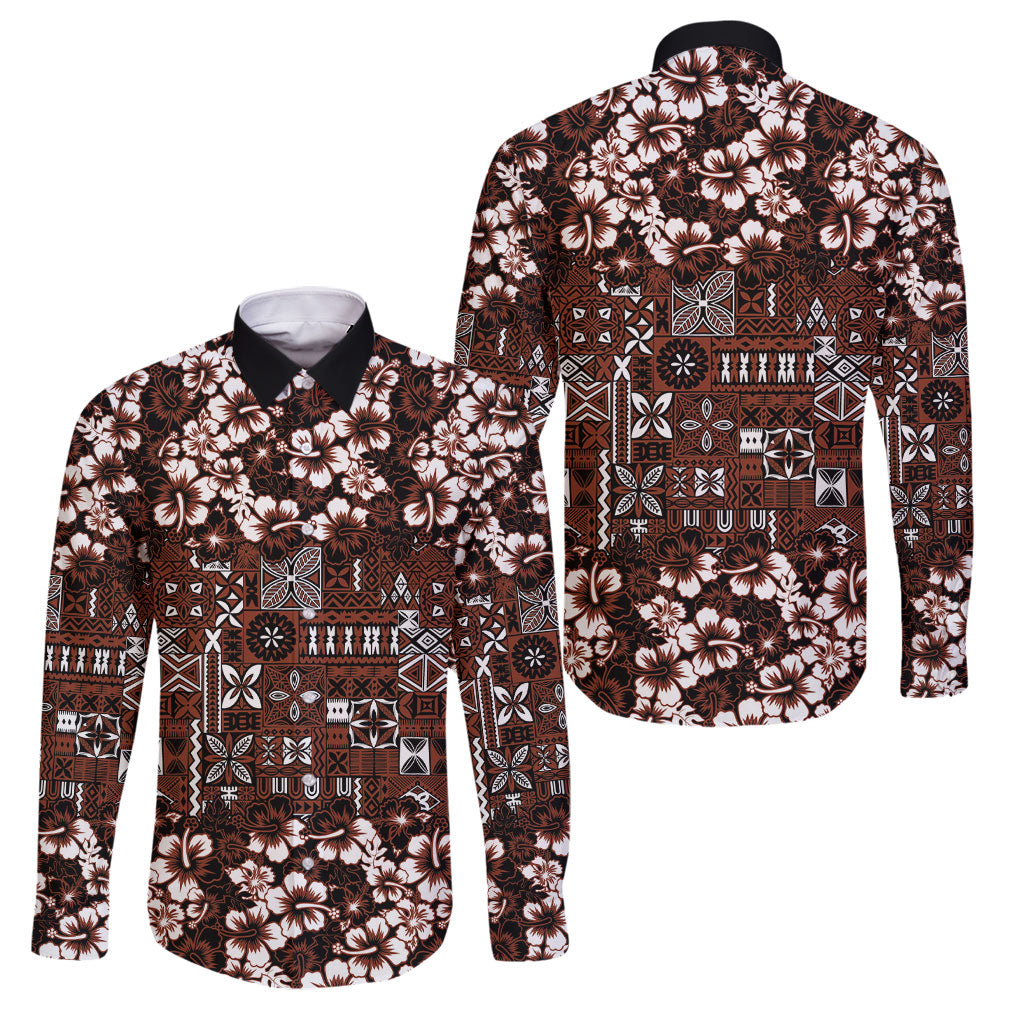 Burgundy Hawaiian Tapa Tribal Hibiscus Family Matching Off Shoulder Short Dress and Hawaiian Shirt