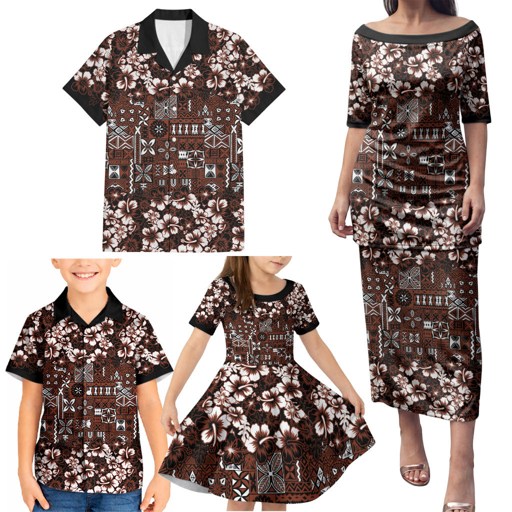 Burgundy Hawaiian Tapa Tribal Hibiscus Family Matching Puletasi and Hawaiian Shirt