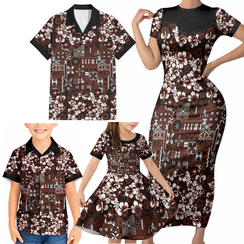Burgundy Hawaiian Tapa Tribal Hibiscus Family Matching Short Sleeve Bodycon Dress and Hawaiian Shirt LT9 - Polynesian Pride