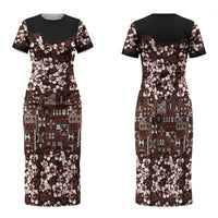Burgundy Hawaiian Tapa Tribal Hibiscus Family Matching Short Sleeve Bodycon Dress and Hawaiian Shirt LT9 Mom's Dress Burgundy - Polynesian Pride