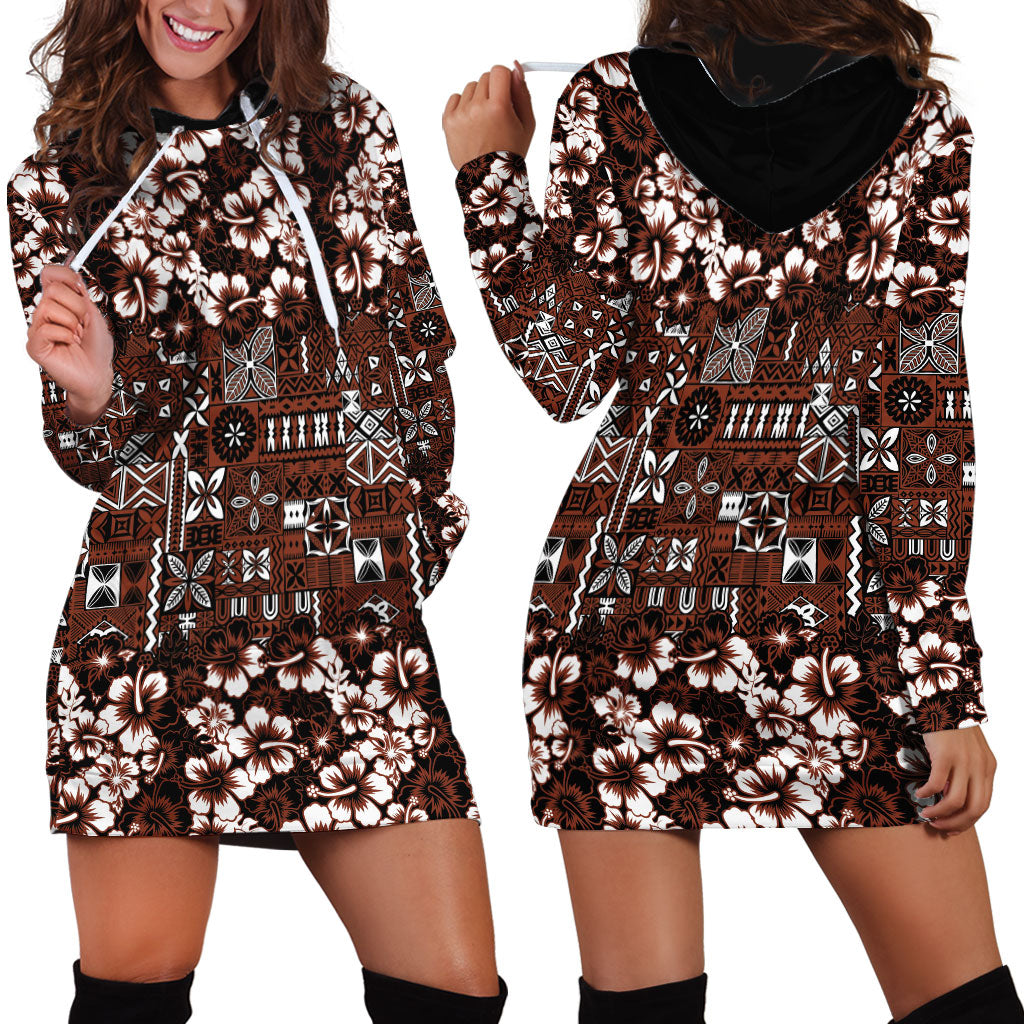 Burgundy Hawaiian Tapa Tribal Hibiscus Hoodie Dress LT9 - Polynesian Pride