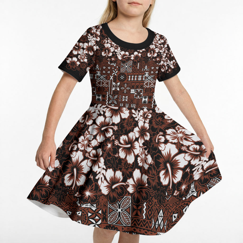 Burgundy Hawaiian Tapa Tribal Hibiscus Kid Short Sleeve Dress