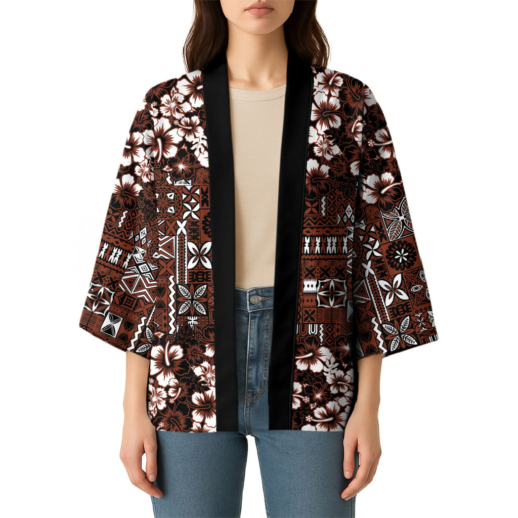 Burgundy Hawaiian Tapa Tribal Hibiscus Kimono