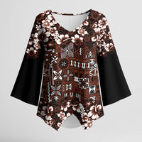 Burgundy Hawaiian Tapa Tribal Hibiscus Kimono Sleeve Blouse