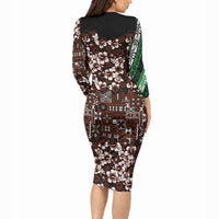 Burgundy Hawaiian Tapa Tribal Hibiscus Long Sleeve Bodycon Dress LT9 - Polynesian Pride
