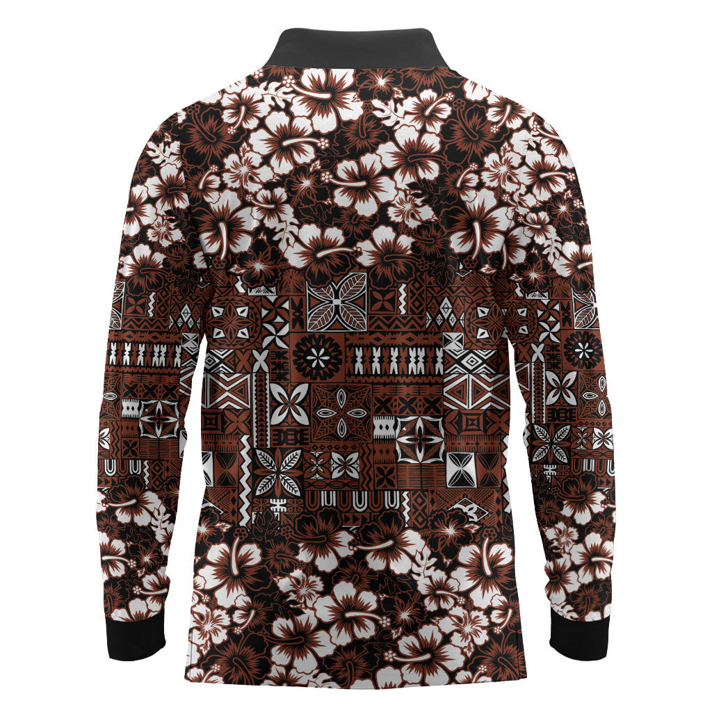 Burgundy Hawaiian Tapa Tribal Hibiscus Long Sleeve Polo Shirt LT9 - Polynesian Pride