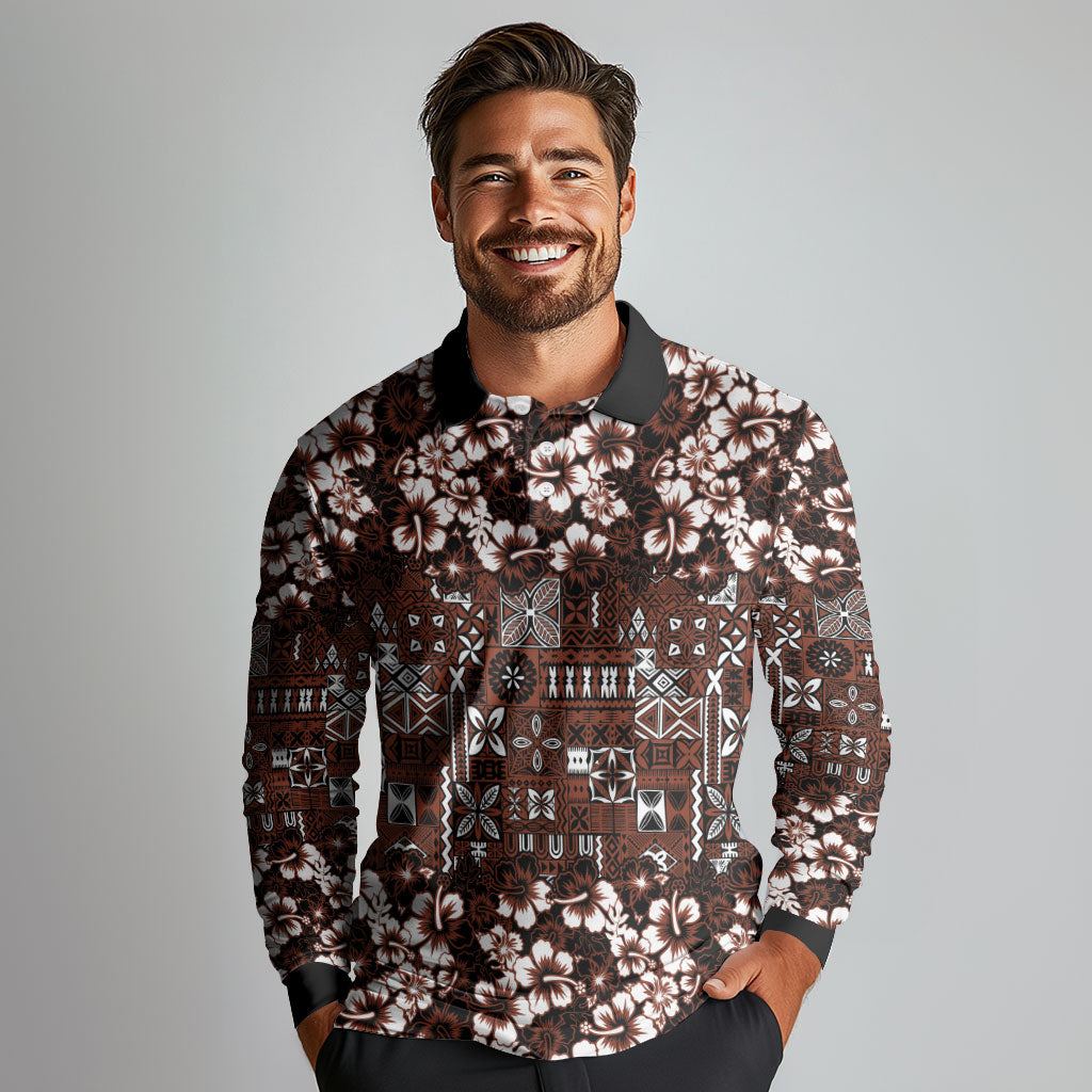 Burgundy Hawaiian Tapa Tribal Hibiscus Long Sleeve Polo Shirt LT9 - Polynesian Pride