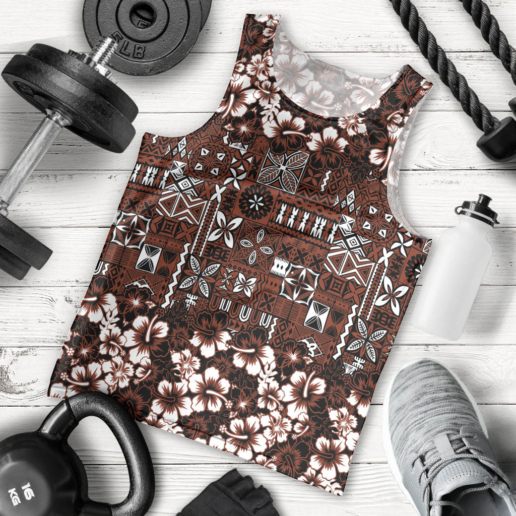 Burgundy Hawaiian Tapa Tribal Hibiscus Men Tank Top LT9 - Polynesian Pride