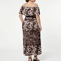 Burgundy Hawaiian Tapa Tribal Hibiscus Off Shoulder Maxi Dress