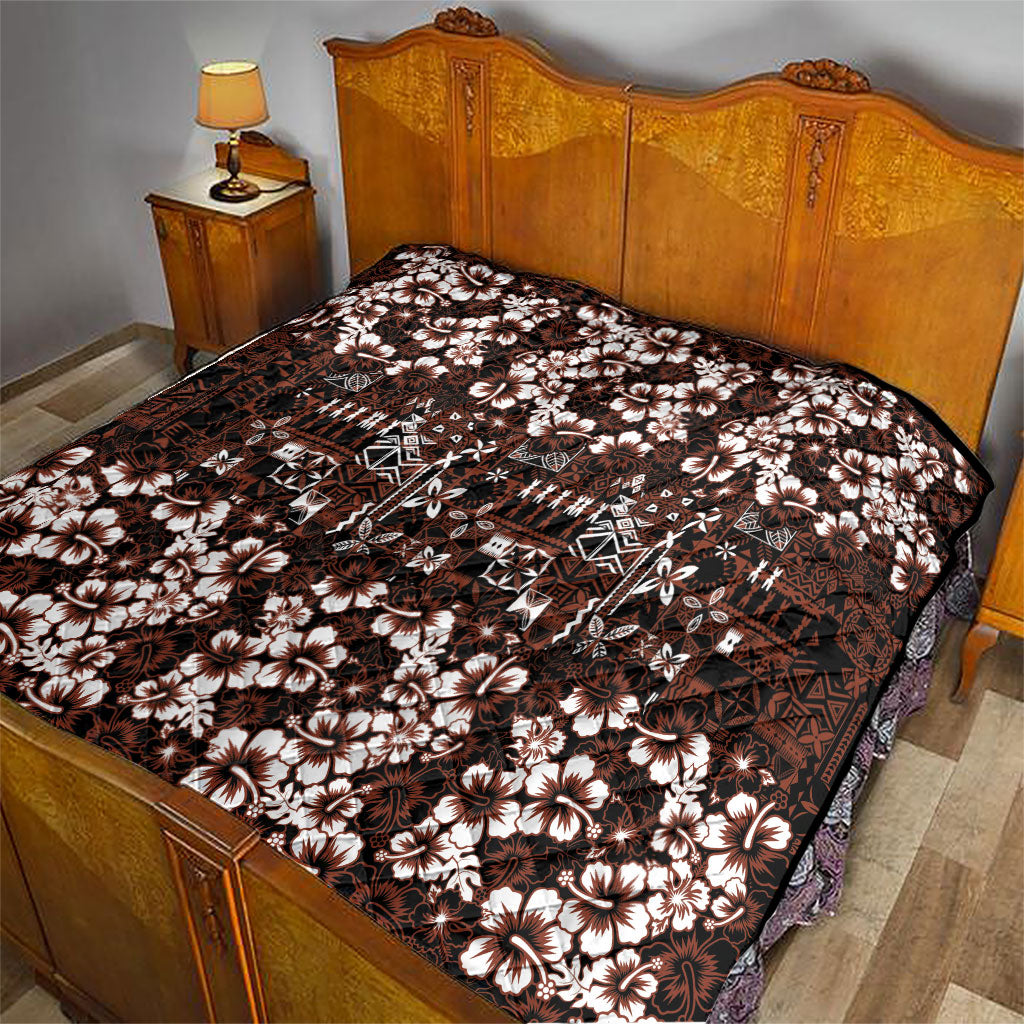 Burgundy Hawaiian Tapa Tribal Hibiscus Quilt
