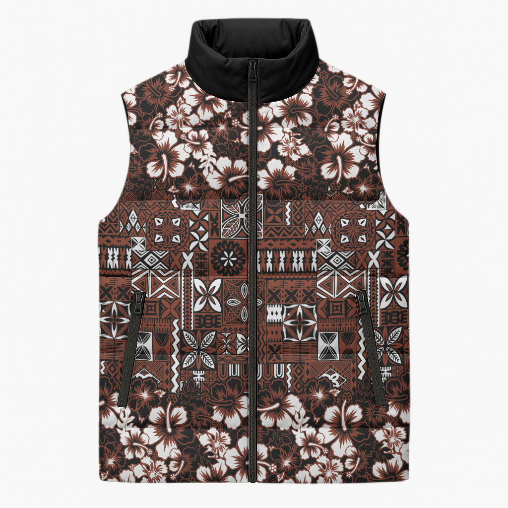 Burgundy Hawaiian Tapa Tribal Hibiscus Sleeveless Puffer Jacket