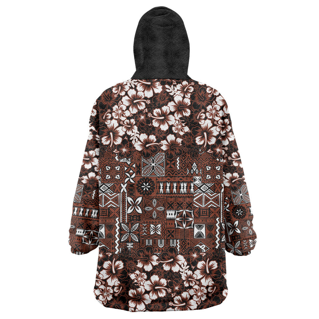 Burgundy Hawaiian Tapa Tribal Hibiscus Wearable Blanket Hoodie LT9 - Polynesian Pride