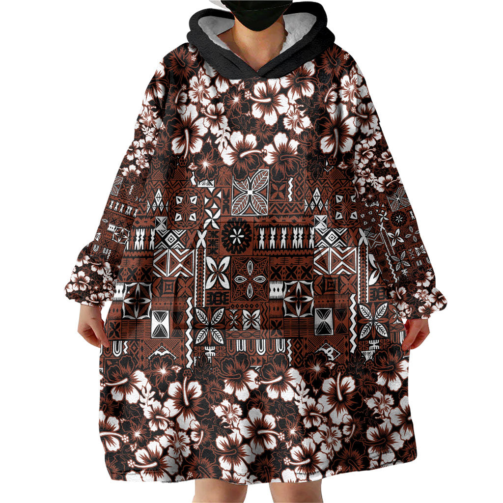 Burgundy Hawaiian Tapa Tribal Hibiscus Wearable Blanket Hoodie LT9 - Polynesian Pride