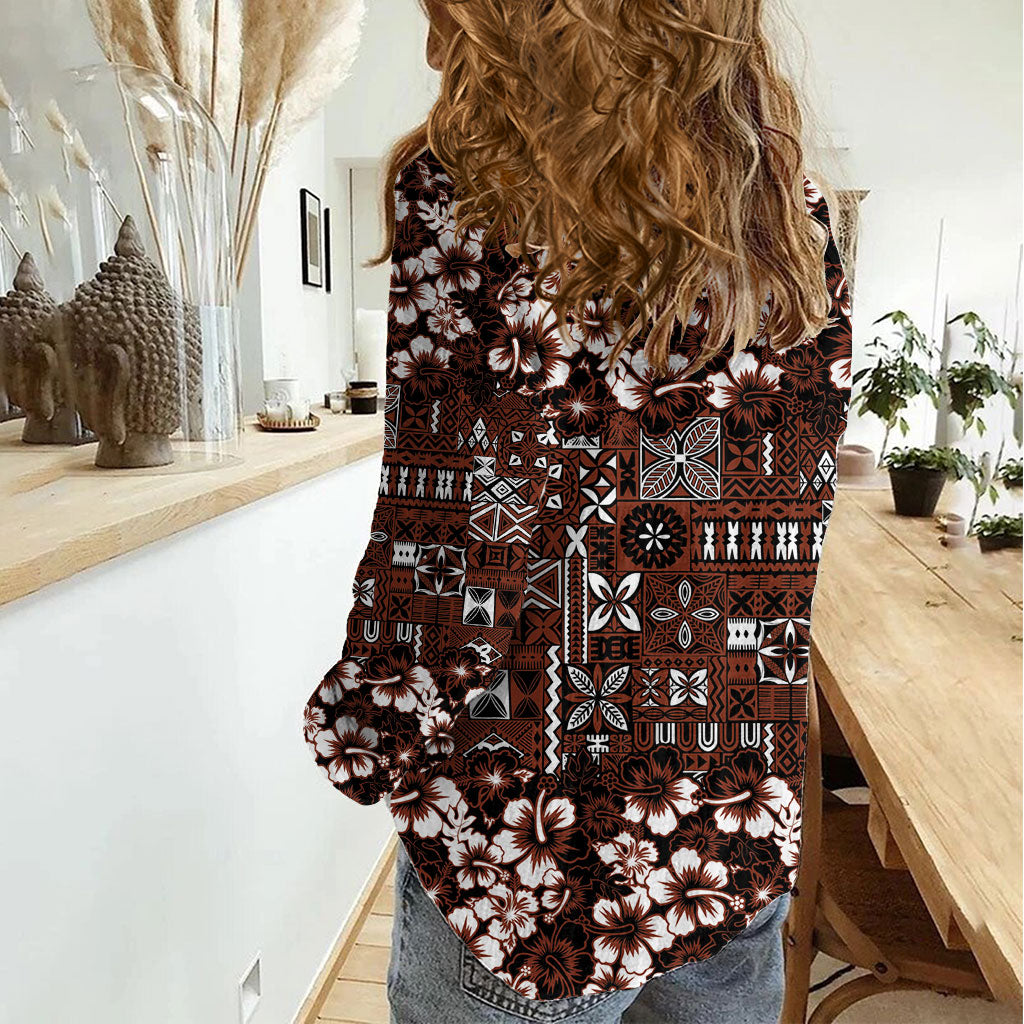 Burgundy Hawaiian Tapa Tribal Hibiscus Women Casual Shirt LT9 - Polynesian Pride