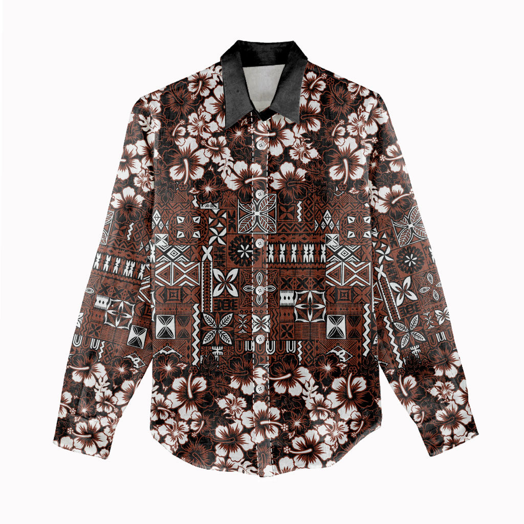 Burgundy Hawaiian Tapa Tribal Hibiscus Women Casual Shirt LT9 - Polynesian Pride