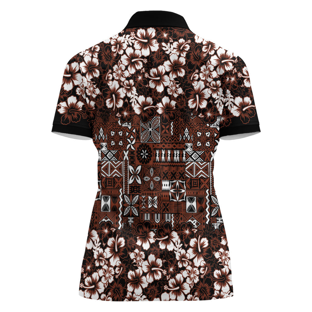 Burgundy Hawaiian Tapa Tribal Hibiscus Women Polo Shirt LT9 - Polynesian Pride