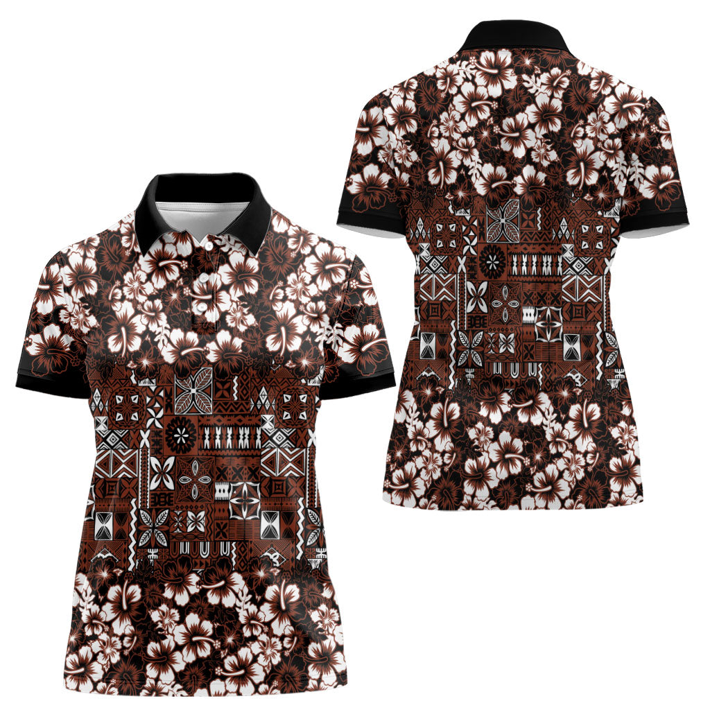 Burgundy Hawaiian Tapa Tribal Hibiscus Women Polo Shirt LT9 - Polynesian Pride