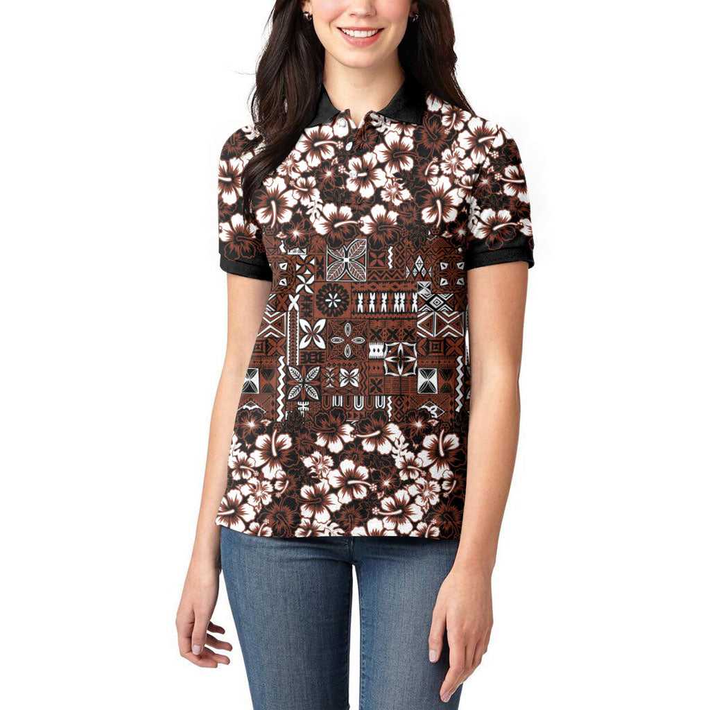 Burgundy Hawaiian Tapa Tribal Hibiscus Women Polo Shirt LT9 - Polynesian Pride