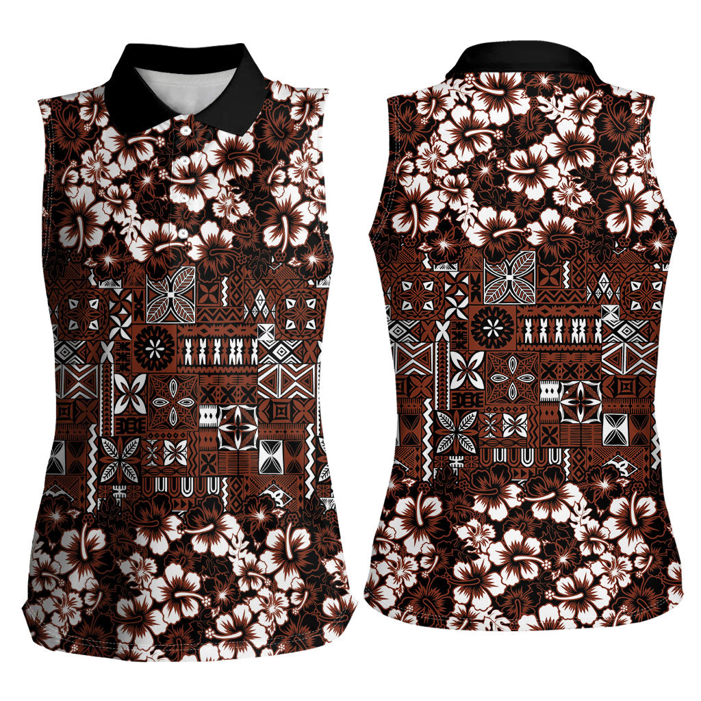 Burgundy Hawaiian Tapa Tribal Hibiscus Women Sleeveless Polo Shirt