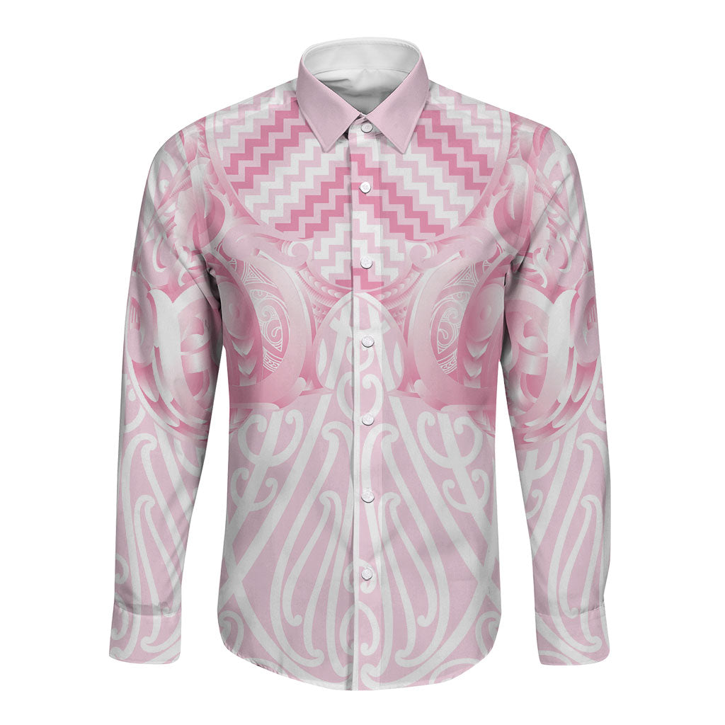 Aotearoa Kowhaiwhai Poutama Pink Motif Long Sleeve Button Shirt LT9 Unisex Pink - Polynesian Pride