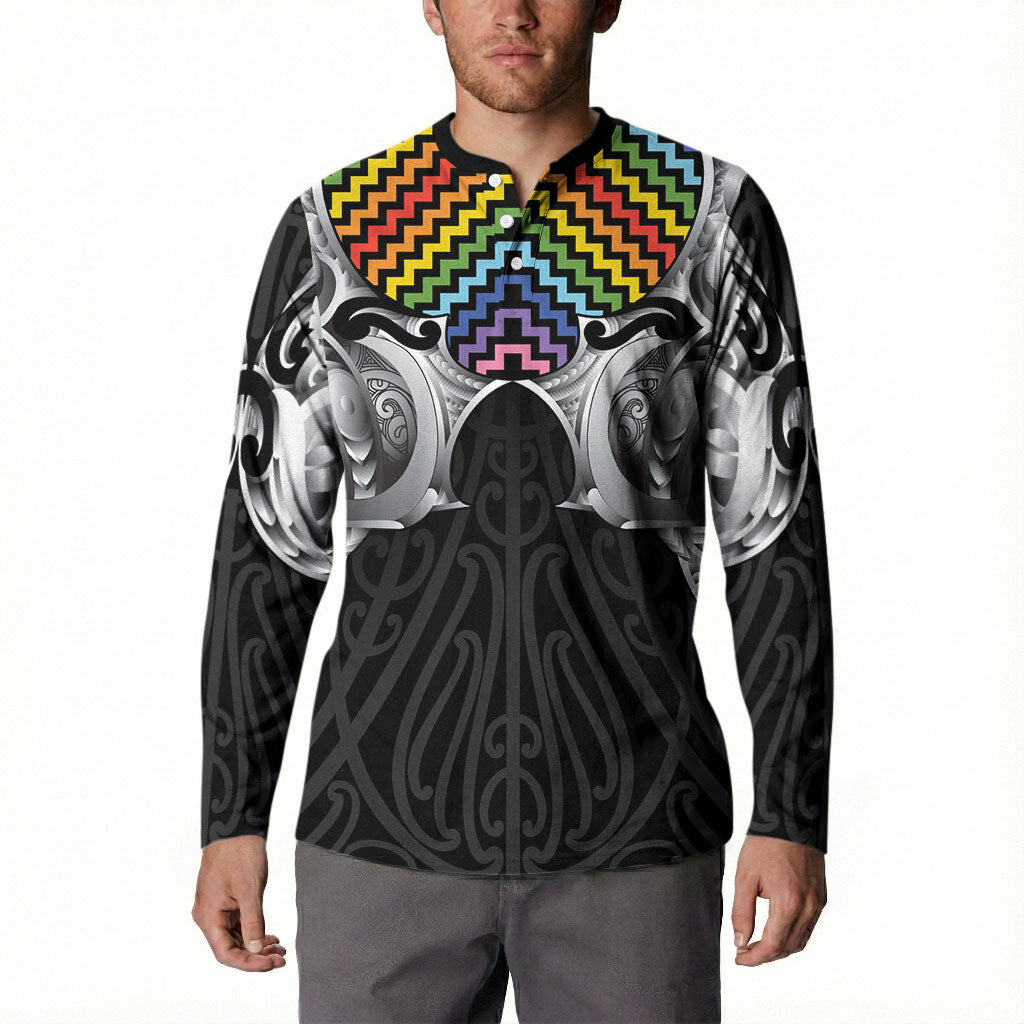 Aotearoa Kowhaiwhai Poutama Rainbow Motif Button Sweatshirt LT9 - Polynesian Pride