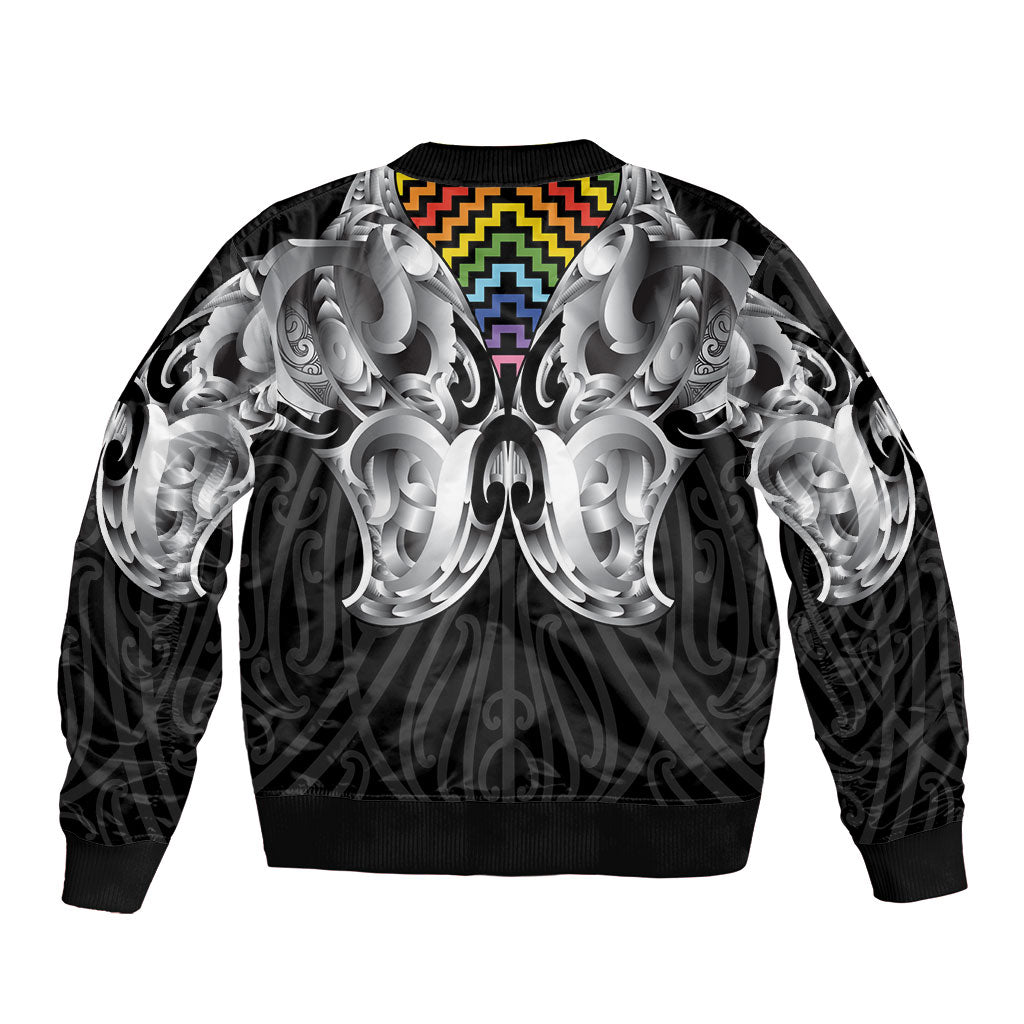 Aotearoa Kowhaiwhai Poutama Rainbow Motif Sleeve Zip Bomber Jacket LT9 - Polynesian Pride