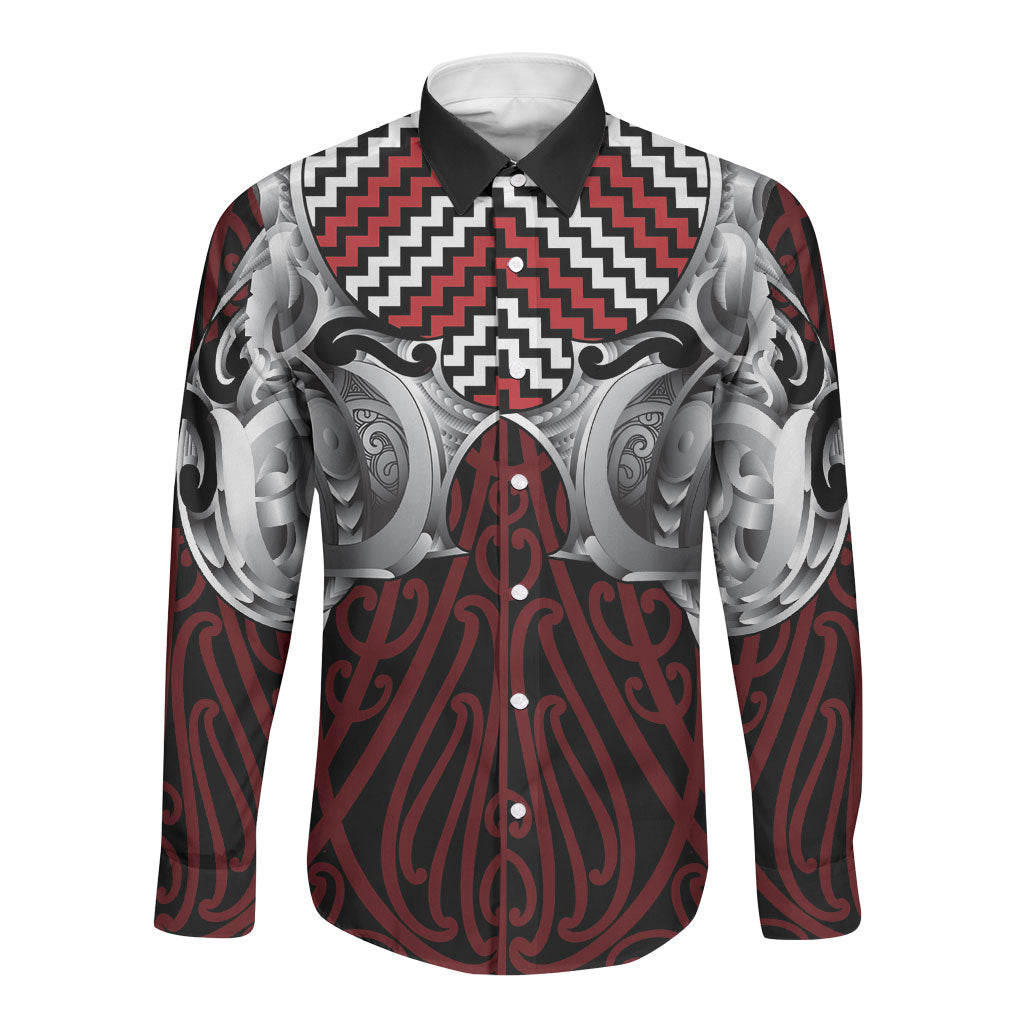 Aotearoa Kowhaiwhai Poutama Red Motif Long Sleeve Button Shirt LT9 Unisex Red - Polynesian Pride