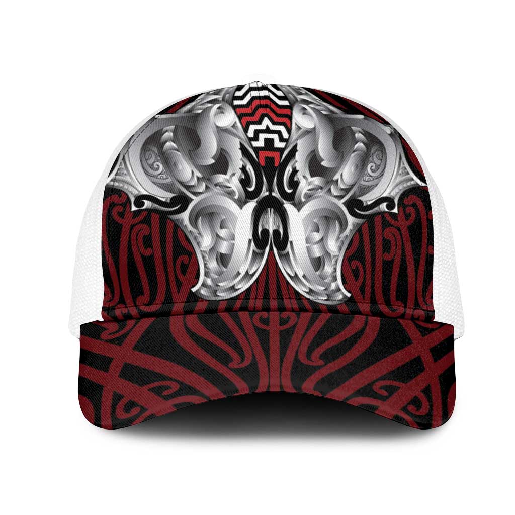 Aotearoa Kowhaiwhai Poutama Red Motif Mesh Trucker Cap LT9 One Size White Red - Polynesian Pride