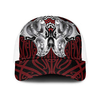 Aotearoa Kowhaiwhai Poutama Red Motif Mesh Trucker Cap LT9 One Size White Red - Polynesian Pride