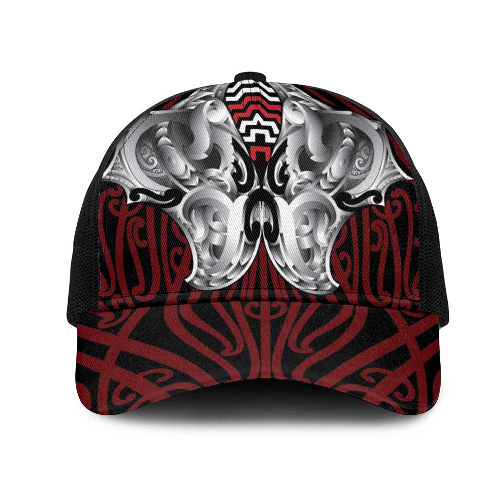 Aotearoa Kowhaiwhai Poutama Red Motif Mesh Trucker Cap LT9 One Size Black Red - Polynesian Pride