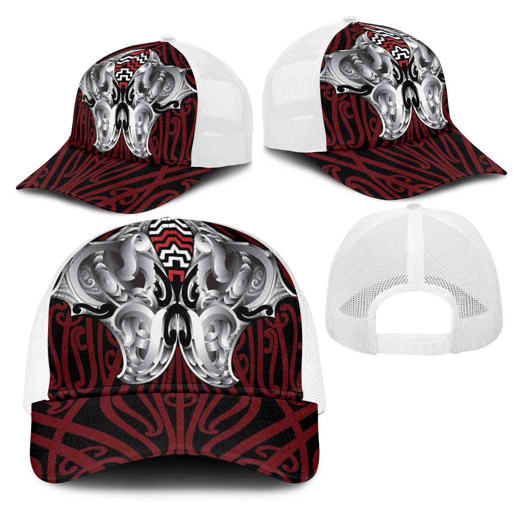 Aotearoa Kowhaiwhai Poutama Red Motif Mesh Trucker Cap LT9 - Polynesian Pride
