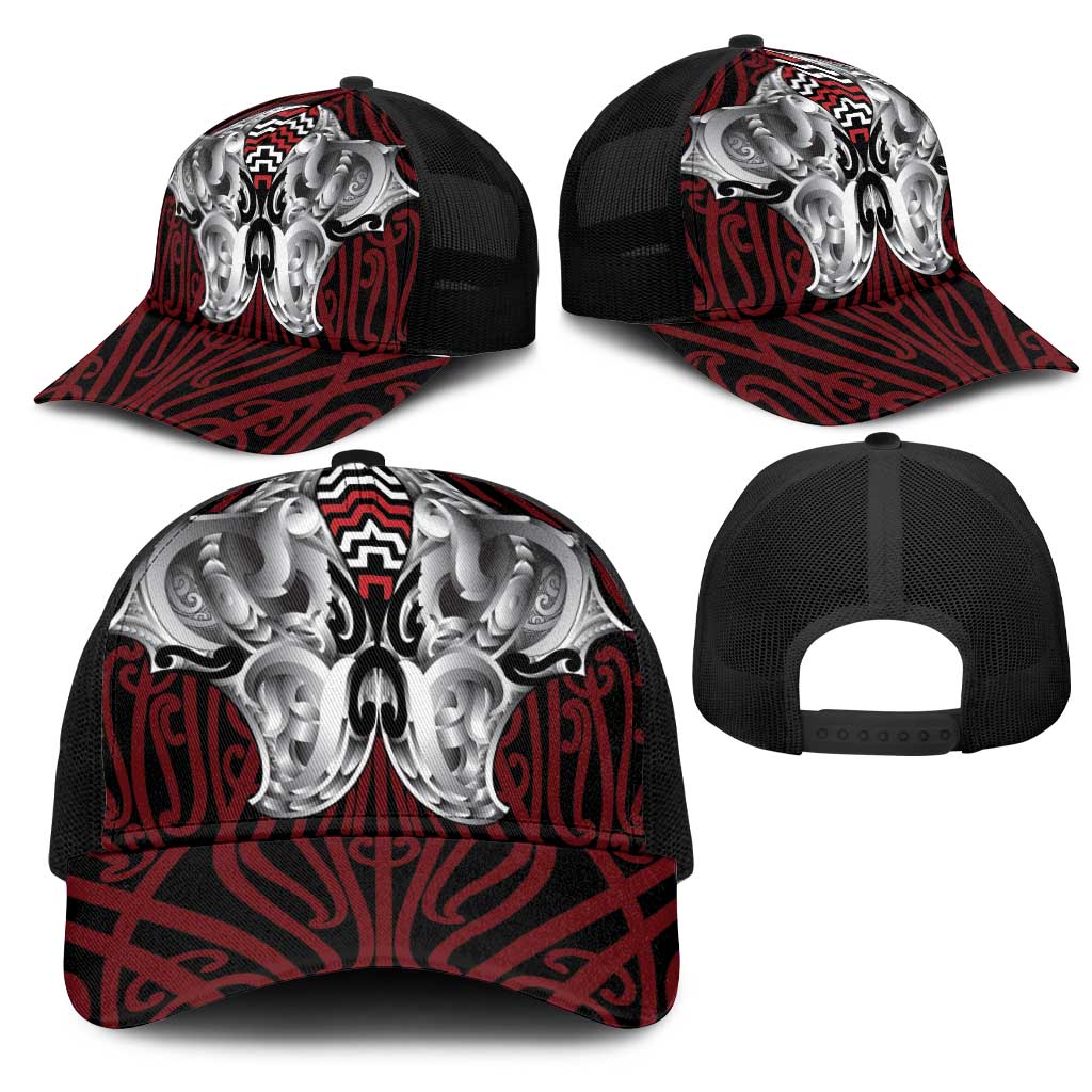 Aotearoa Kowhaiwhai Poutama Red Motif Mesh Trucker Cap LT9 - Polynesian Pride