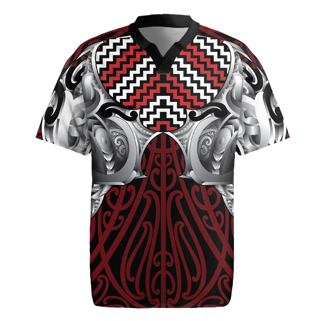Aotearoa Kowhaiwhai Poutama Red Motif Rugby Jersey LT9 Red - Polynesian Pride