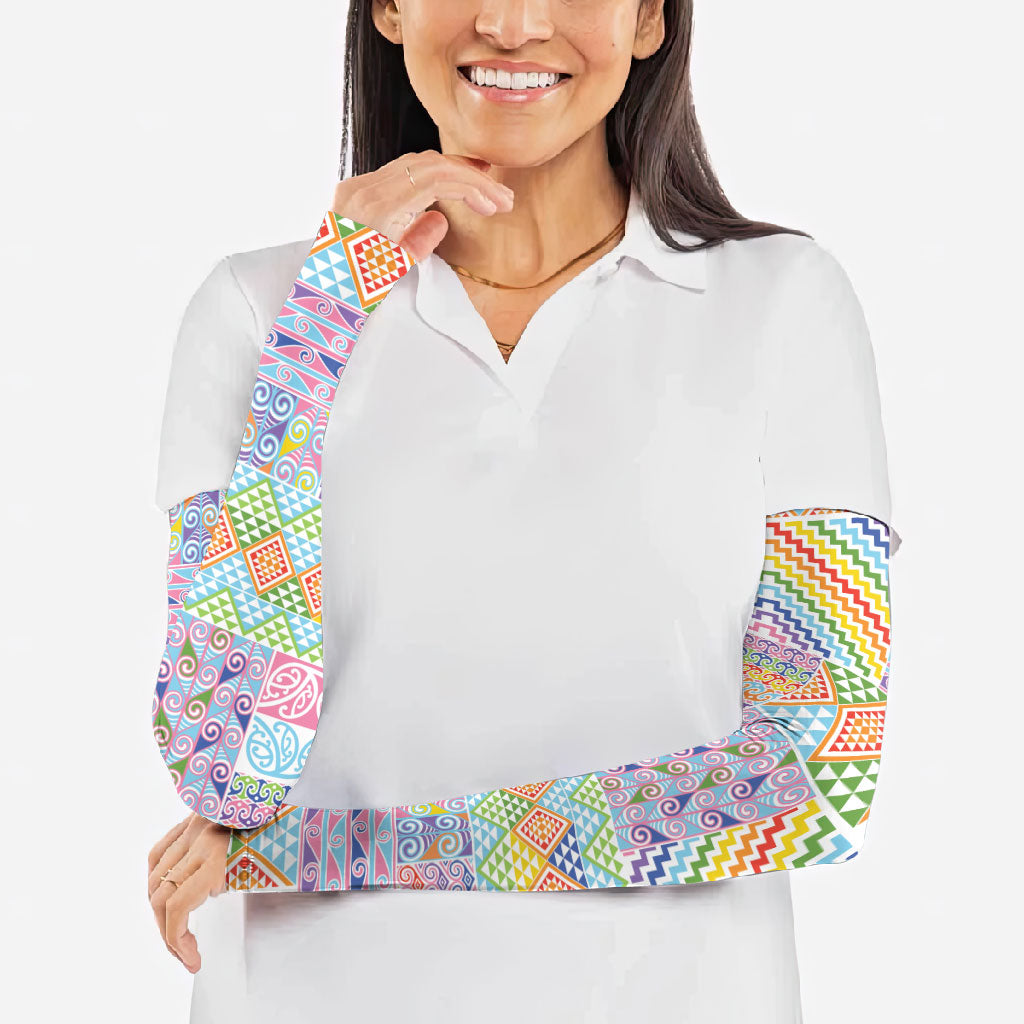 Aotearoa Kowhaiwhai Taniko Patchwork Rainbow Motifs Arm Sleeves LT9 - Polynesian Pride