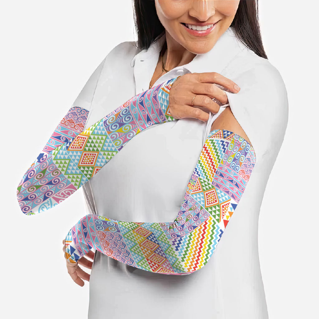 Aotearoa Kowhaiwhai Taniko Patchwork Rainbow Motifs Arm Sleeves LT9 - Polynesian Pride