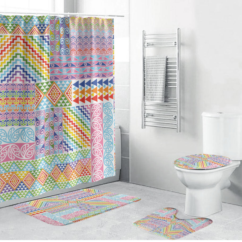 Aotearoa Kowhaiwhai Taniko Patchwork Rainbow Motifs Bathroom Set LT9 Bathroom Set (4 pcs) Rainbow - Polynesian Pride