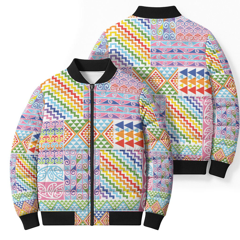 Aotearoa Kowhaiwhai Taniko Patchwork Rainbow Motifs Bomber Puffer Jacket LT9 - Polynesian Pride