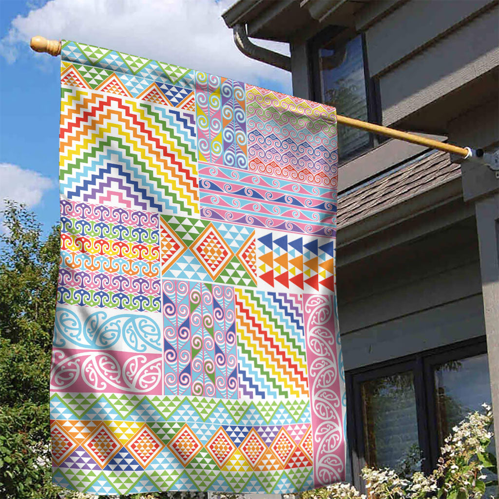Aotearoa Kowhaiwhai Taniko Patchwork Rainbow Motifs Garden Flag LT9 - Polynesian Pride