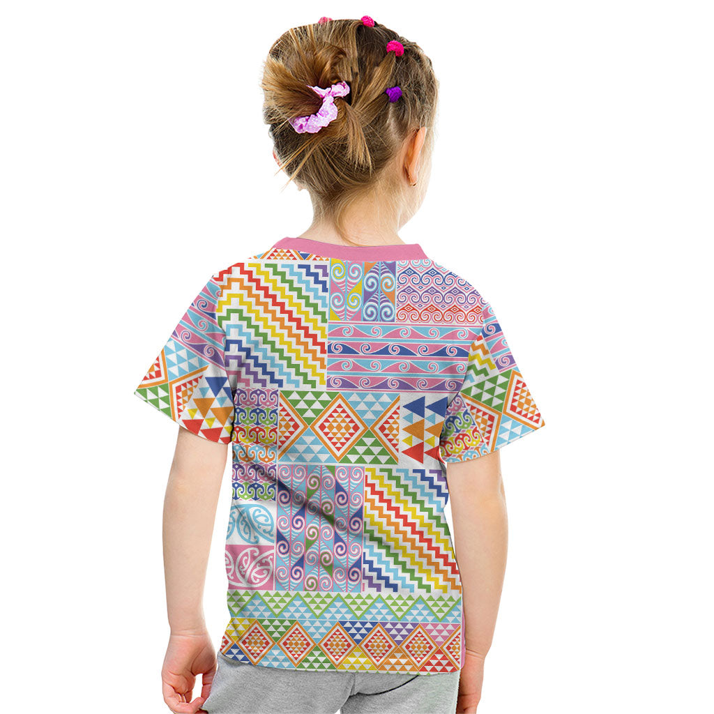 Aotearoa Kowhaiwhai Taniko Patchwork Rainbow Motifs Kid T Shirt LT9 - Polynesian Pride