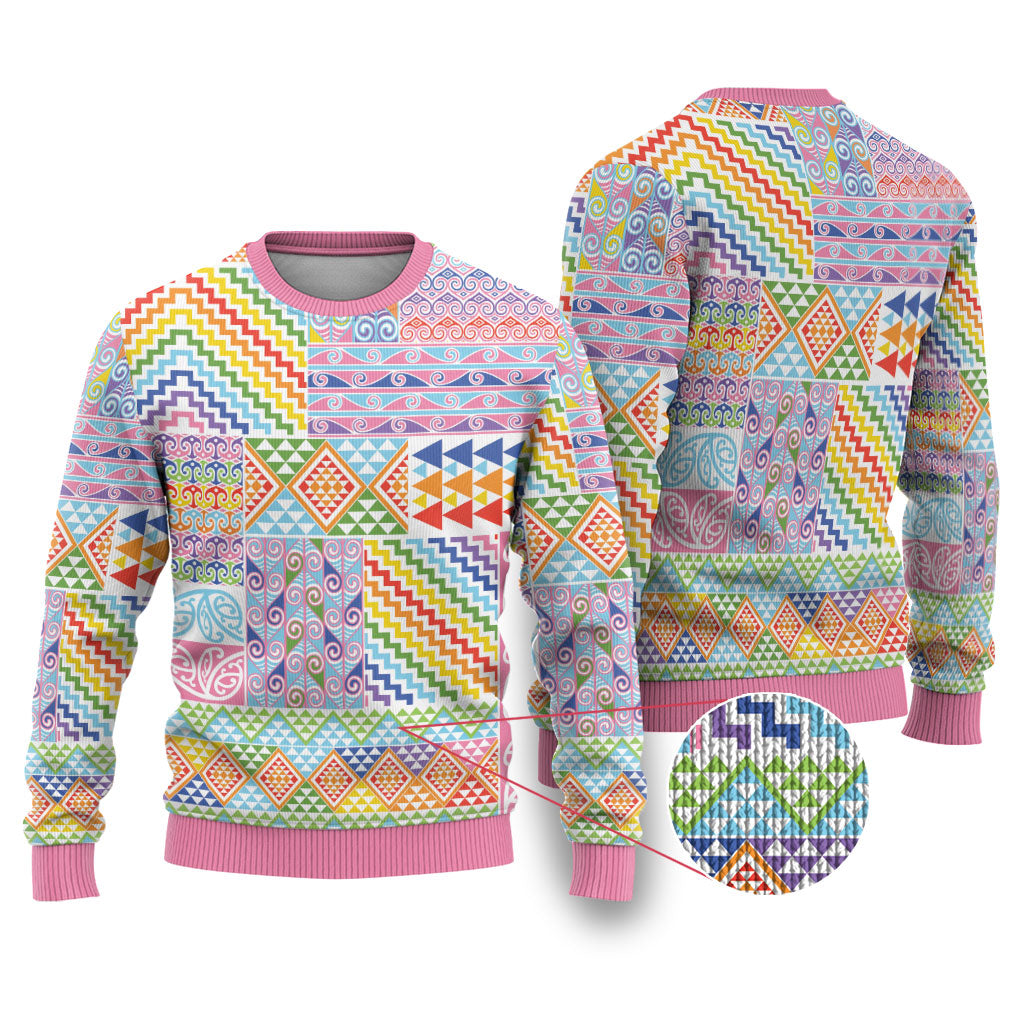 Aotearoa Kowhaiwhai Taniko Patchwork Rainbow Motifs Ugly Christmas Sweater LT9 Rainbow - Polynesian Pride
