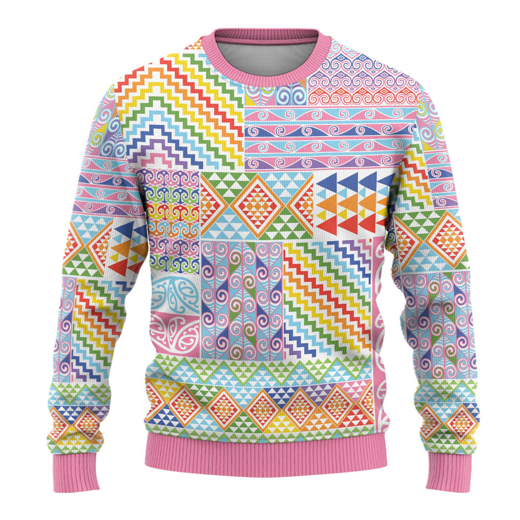Aotearoa Kowhaiwhai Taniko Patchwork Rainbow Motifs Ugly Christmas Sweater LT9 - Polynesian Pride