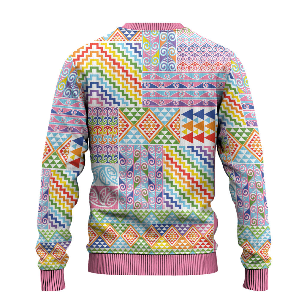 Aotearoa Kowhaiwhai Taniko Patchwork Rainbow Motifs Ugly Christmas Sweater LT9 - Polynesian Pride