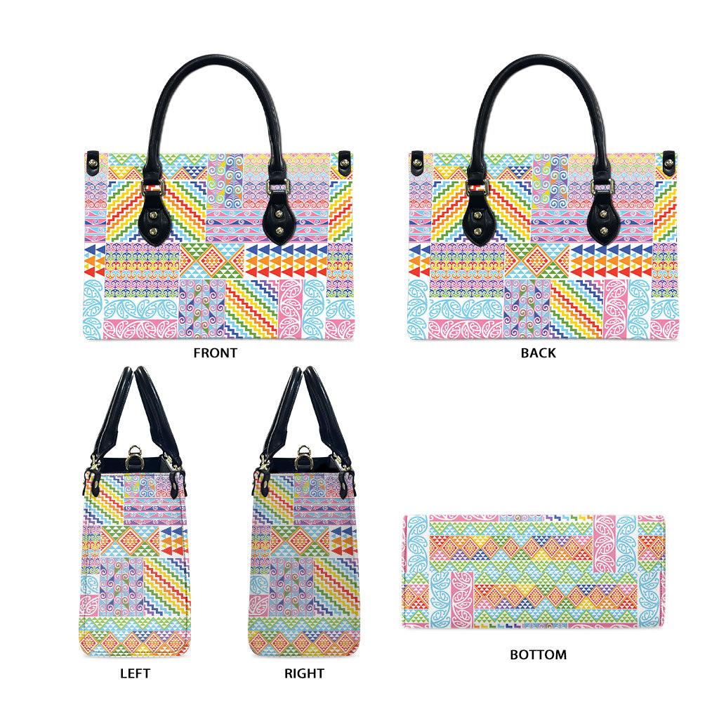Aotearoa Kowhaiwhai Taniko Patchwork Rainbow Motifs Leather Bag LT9 - Polynesian Pride