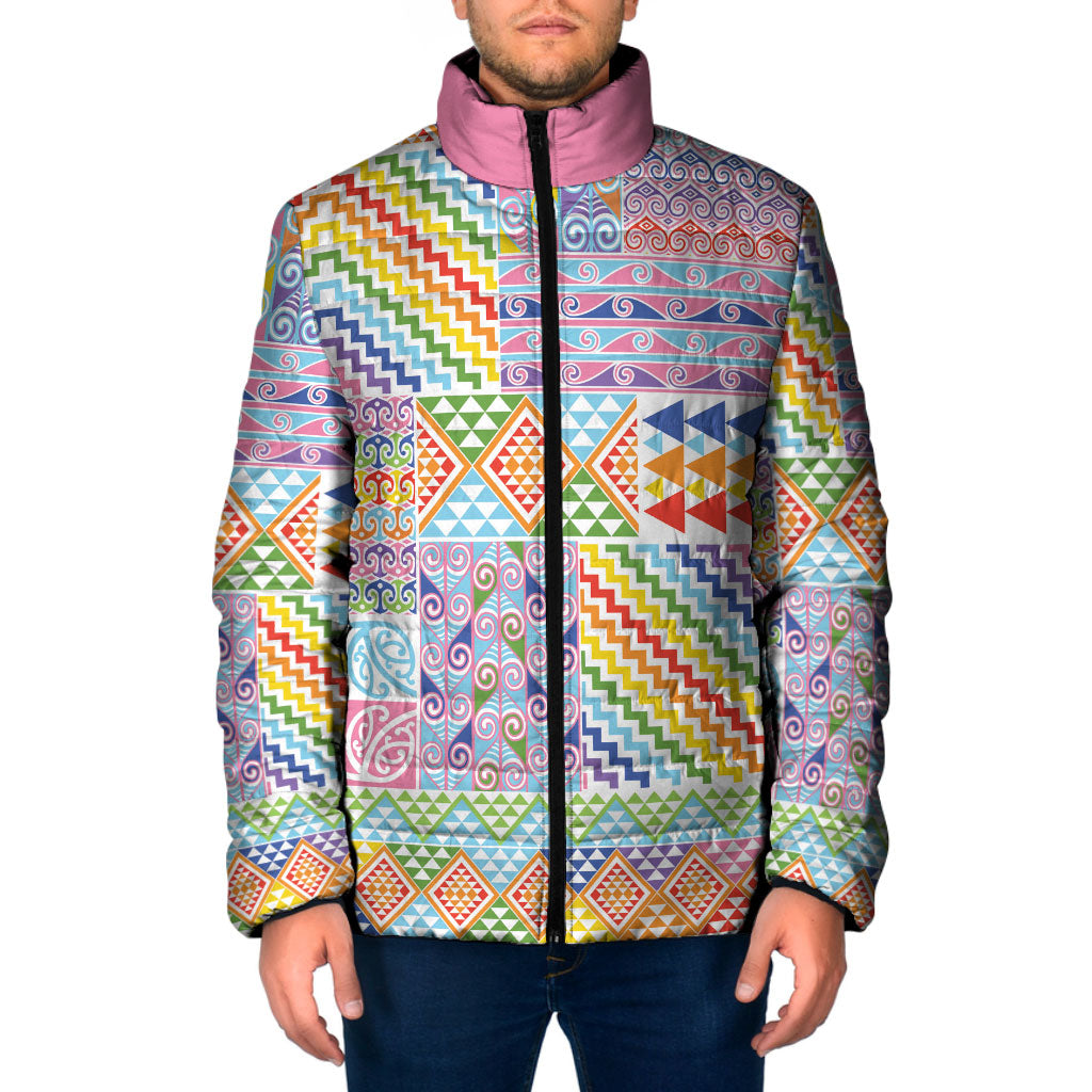 Aotearoa Kowhaiwhai Taniko Patchwork Rainbow Motifs Padded Jacket LT9 Men Rainbow - Polynesian Pride